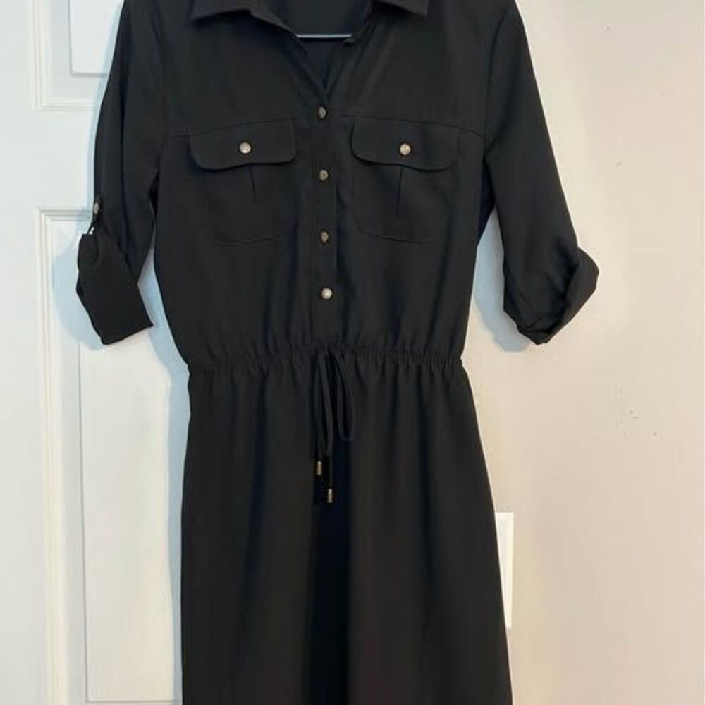 Bebop Women’s Black Utility Shirt Dress Size S Roll Tab Sleeve Elastic Waist